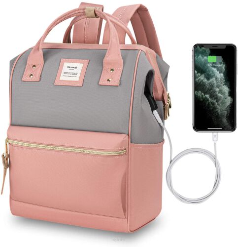 Miejski plecak na laptopa 15,6 z portem USB, wodoodporny, do szkoły, na uczelnię, torba Himawari SCP17 różowy-szary