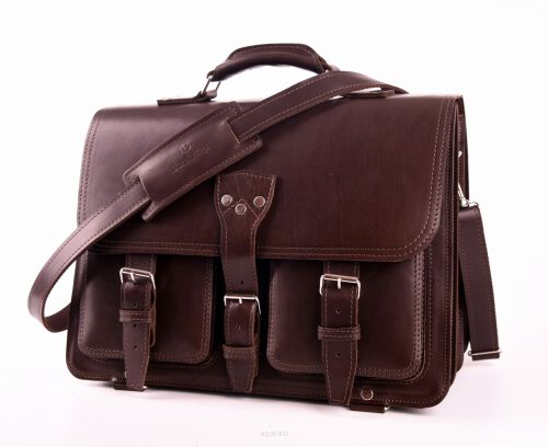 Elegancka skórzana teczka z miejscem na laptopa, torba BarellyBags model Winnetou M, Kasztanowy Brąz